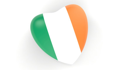 flag of Ireland in heart on white background, 3d rendering