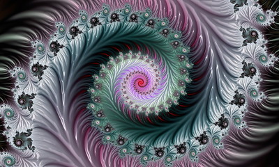 Fractal 3d image, in the form of a spiral, green-pink color, and a pattern similar to flowers
