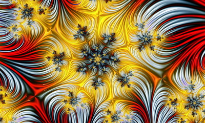 Fractal 3d image, red-yellow with white and gray stripes, with a pattern in the form of colored snowflakes