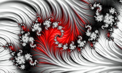 Fractal 3d image, white-red, with a pattern in the form of white flowers and branches