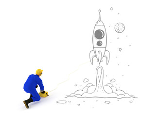 3D Rendering Engineer With The Rocket Sketch Bsckground