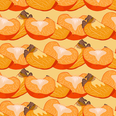 Persimmon whole and cut seamless pattern on a yellow background.