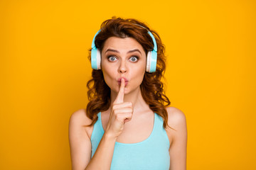 Shut up please. Photo of pretty funny lady listen modern technology youngster headphones favorite...