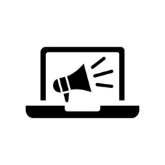 Computer and megaphone icon in black flat design on white background, digital marketing icon e-commerce icon vector.