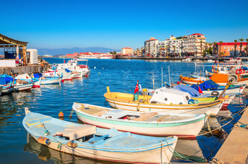 Fototapeta na wymiar Beautiful sea landscape with boats in city Ayvalik, Turkey