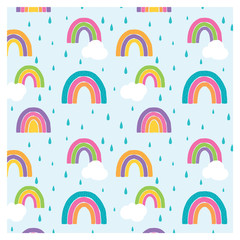 A vector illustration of a cute seamless repeating pattern of cute bright colorful rainbows in a hand drawn style