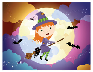 A vector illustration of a cute Halloween witch girl flying on her broom in front a spooky full moon