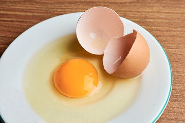 huevo crudo sobre plato con cáscara de huevo