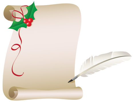 A vector illustration of a holiday scroll with holly, ribbon and a feather quill pen