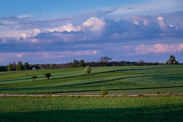 coloured sky with amazing clouds and  green fields below 