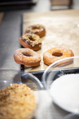 Doughnuts preparation, chocolate and chopped hazelnuts