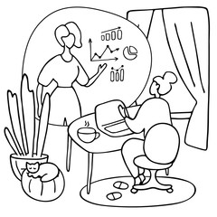 Girl is studying online from home. Young woman with laptop. E-learning, video conference, online training. Hand drawn vector illustration