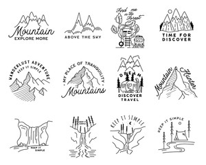 Vintage simple camp logo designs set. Outdoor adventure line art scenes, hiking landscapes bundle. Silhouette linear concept. Stock vector badges