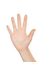 Woman using hand index finger in hand gesture number five