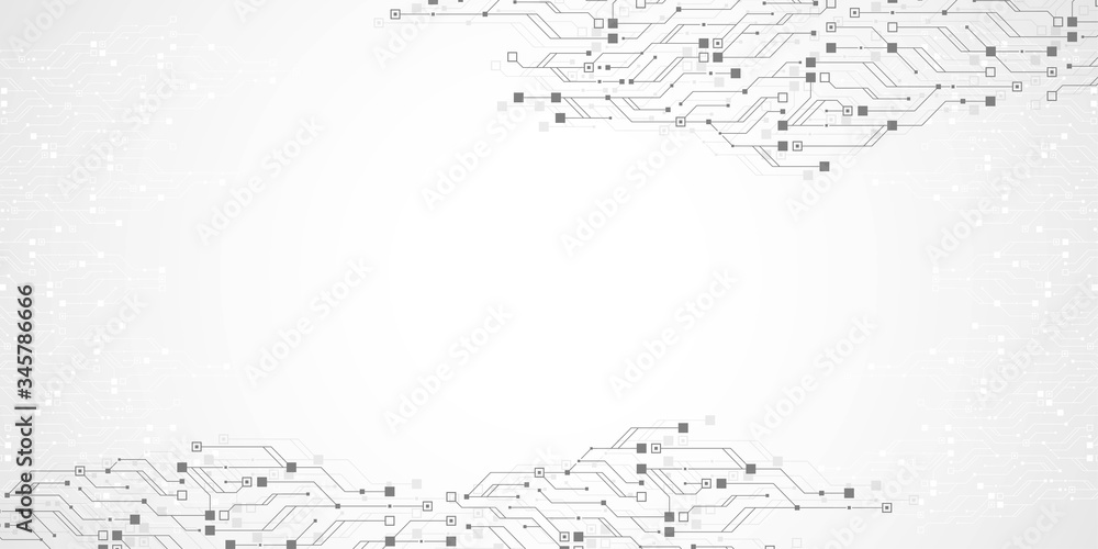 Poster Technology circuit board texture background. Abstract circuit board banner wallpaper. Digital data industry. Engineering electronic motherboard. Wave flow , vector illustration.