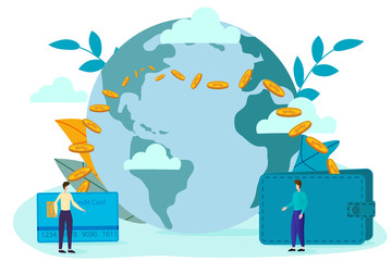 People send money to each other from one part of the world to another.Concept of the world Bank payment system.Vector illustration.