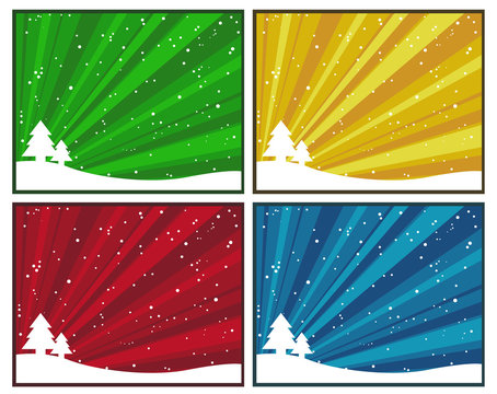A vector illustration of four different color options of a winter scene of two pine trees in silhouette against a colorful sky with rays of light and snow