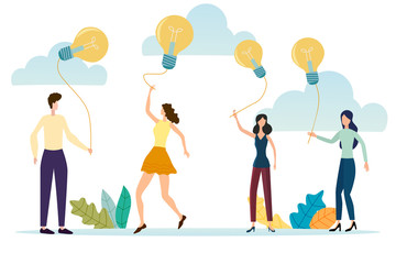People walk with light bulbs in the form of balloons.The concept of finding creative ideas.