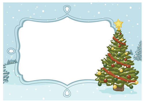 A vector illustration of a winter holiday background scene with a Christmas tree and empty banner