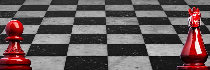 Image of a wooden chess pawn and knight in red with marble checkerboard background