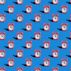 Seamless pattern of analog watches on a blue background.