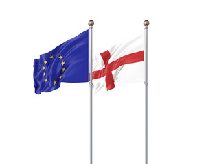 Two realistic flags. 3D illustration on white background. European Union vs England. Thick colored silky flags of European Union and England.