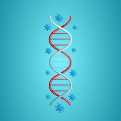 Laboratory medical scientific dna molecule and coronavirus infection disease covid-19 virus molecule on a blue background