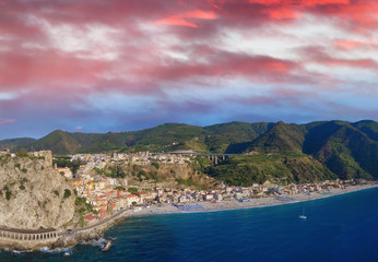 Fototapeta na wymiar Scilla, Calabria. Famous touristic italian town in summer season, panoramic aerial view