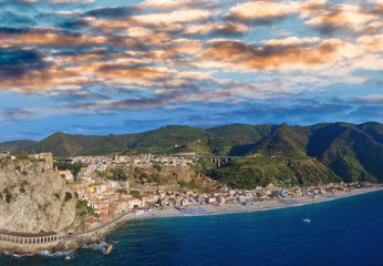 Fototapeta na wymiar Scilla Beach in summer season, panoramic aerial view of Calabria coastline, Italy