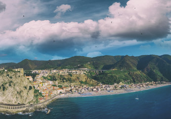 Calabria coastline in summer season, Italy. Aerial view from drone, Scilla panoramic skyline