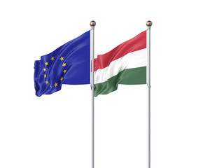 Two realistic flags. 3D illustration on white background. European Union vs Hungary. Thick colored silky flags of European Union and Hungary.