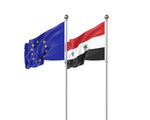 Two realistic flags. 3D illustration on white background. European Union vs Syria. Thick colored silky flags of European Union and Syria