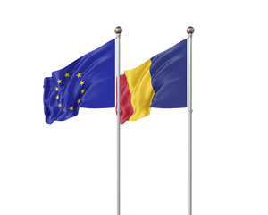 Two realistic flags. 3D illustration on white background. European Union vs Romania. Thick colored silky flags of European Union and Romania.