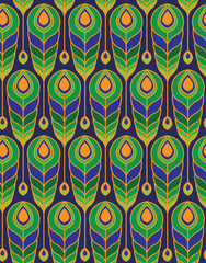 Seamless vector background of decorative peacock feathers in deep blue, green and golden yellow. Elegant and exotic fans in art deco style. Bright bird's tail presented in abstract geometric way.