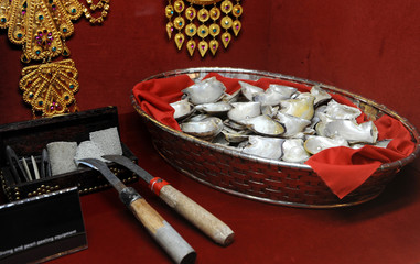 Old open tools for oyster to reveal a pearl and open oyster 