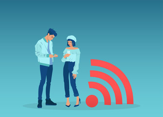Vector of a man and woman using smartphones standing by rss symbol