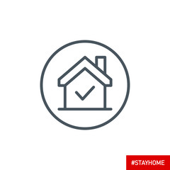 editable stroke line icon of Stay home for Social media in support of self isolation. staying at home Prevent coronavirus spread. Covid19 perfect outline single icon hashtag stayhome Isolated on white