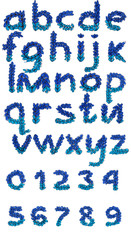 English drawing alphabet in blue-violet tones with letters imitating knitting