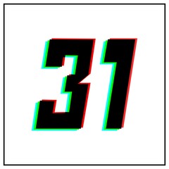 Number 31, thirty one vector desing logo.Dynamic, split-color, shadow of  number red, green, blue in black frame on white background.For social media,design elements, anniversary celebration greeting