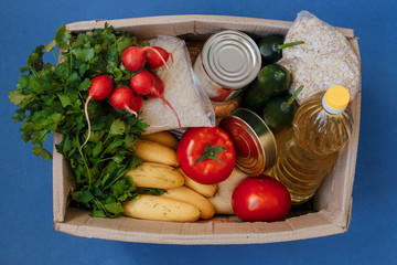Donation box with food on a blue background