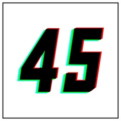 Number 45, forty five vector desing logo.Dynamic, split-color, shadow of  number red, green, blue in black frame on white background.For social media,design elements, anniversary celebration greeting