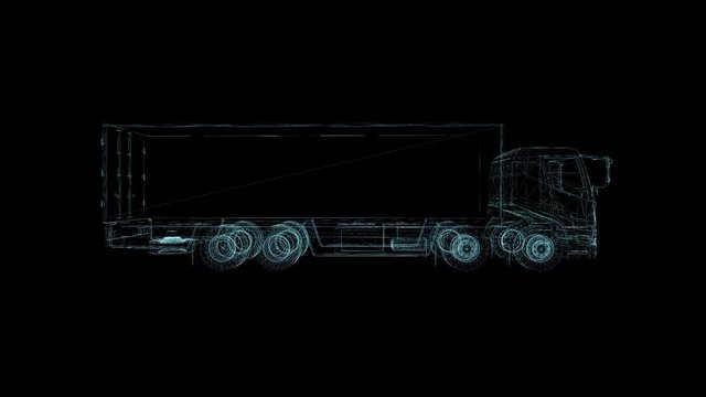 Truck Hologram Wireframe. Nice 3D Animation on a black background with a seamless loop for futuristics projects