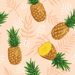 Vector summer pattern with pineapples and tropical leaves. Seamless texture design.