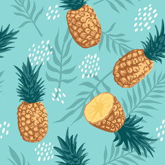 Vector summer pattern with pineapples and tropical leaves. Seamless texture design.