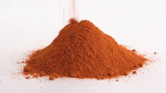 Heap of chili powder rotating on white background front view. Chili powder isolated on a white background