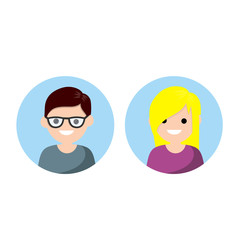 Young man and woman in blue circle. Avatar in social network. Happy character. Cartoon flat illustration. Boy and girl