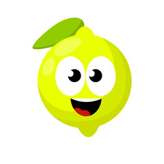 Lemon with face. Eyes, mouth on sour fruit. Mascot and emotions. Funny and cute yellow element with green leaves. Cartoon flat illustration