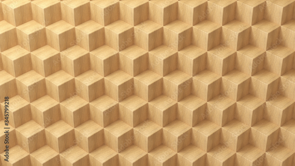 Poster abstract yellow 3d geometric wood cubes background. 3d rendering - illustration. seamless pattern. h
