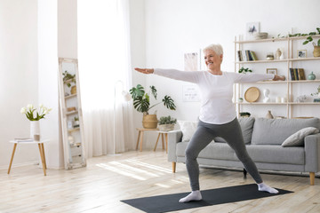 Sport On Retirement. Active Senior Woman Doing Pilates Workout At Home