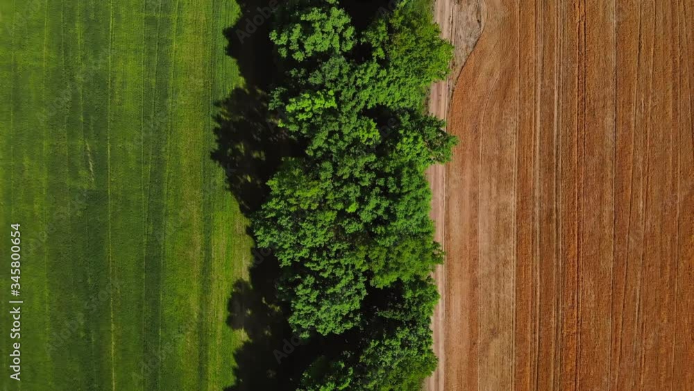 Aufkleber drone flies up top view on bright nature background green trees and field